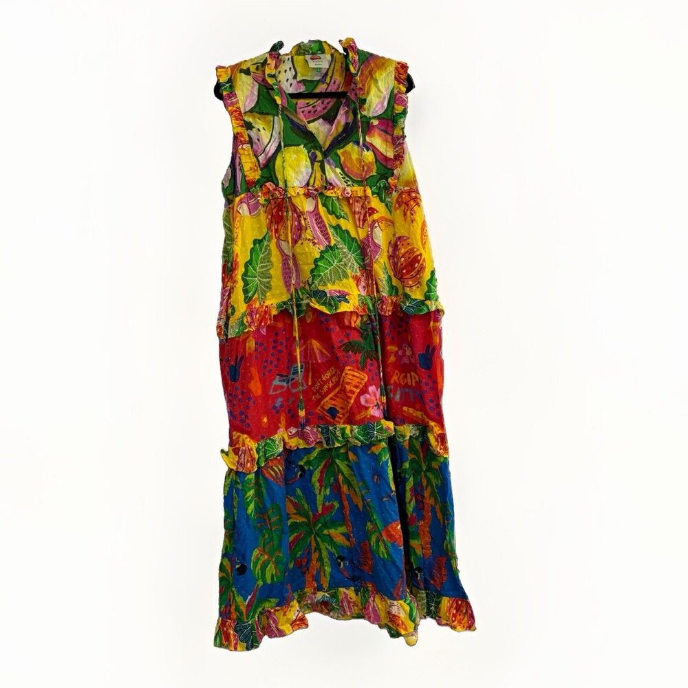 Farm Rio Dress Size Large Tiered Maxi Beaded Mixed Print Floral Anthropologie